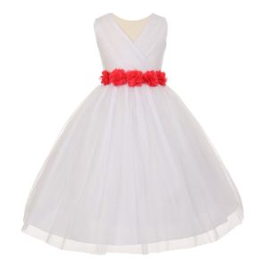 Junior-Brautjungfernkleid für große Mädchen, weiße Koralle, Chiffon, Blumen, Tüll, Größe 8–14