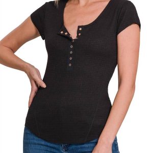 Baby-Henley-Oberteil mit Waffelärmeln und Flügelärmeln in Schwarz 7732508164156
