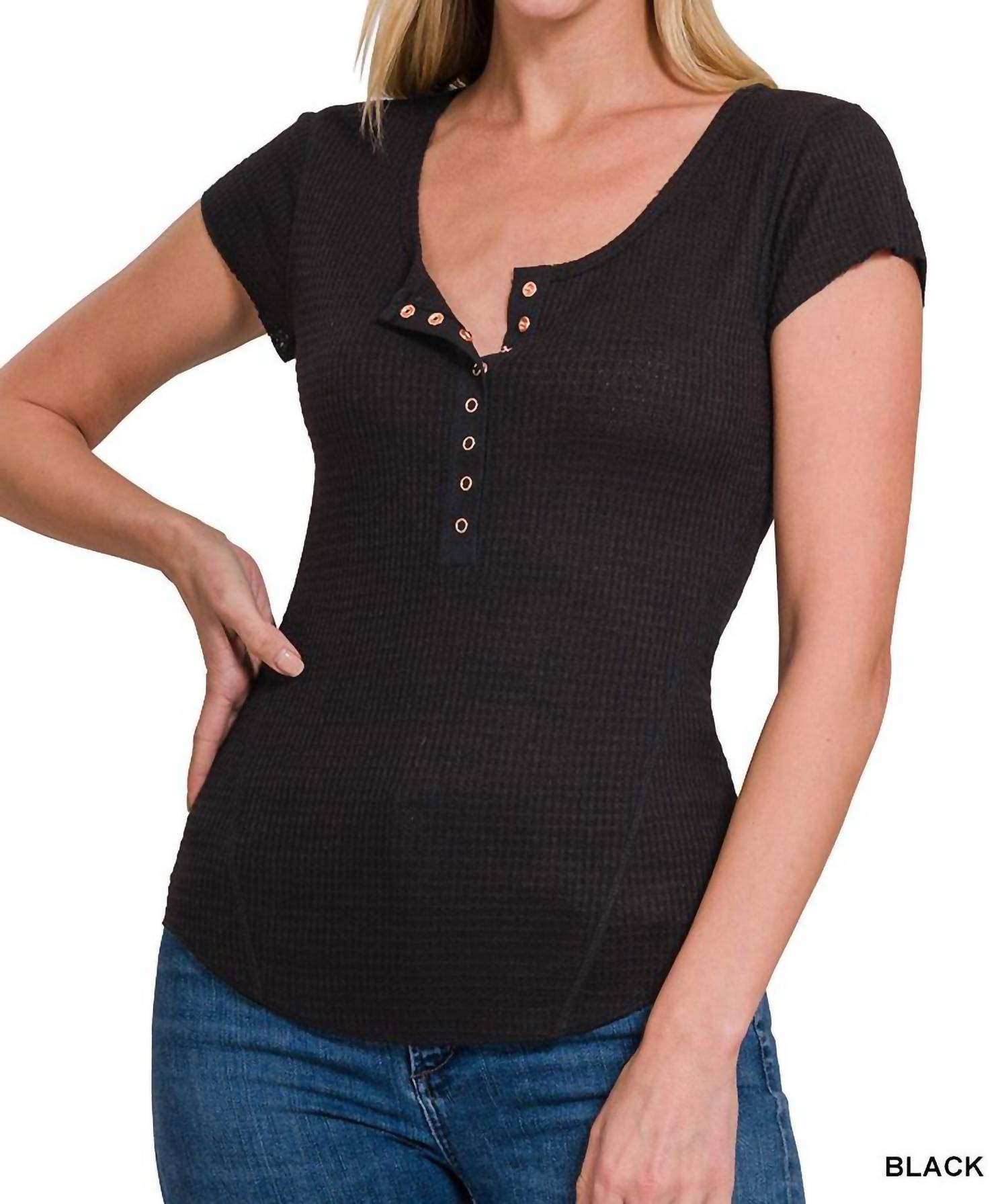 Baby Waffelmütze Ärmel Henley Top in schwarz