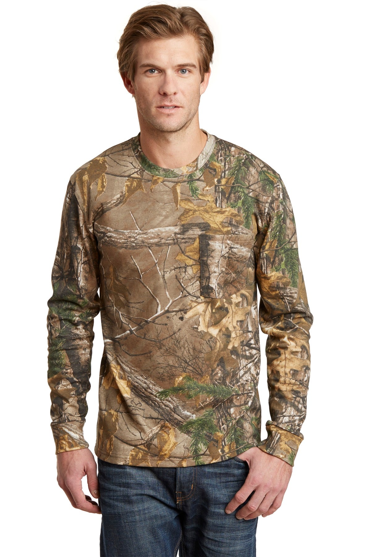 Russell Outdoors Herren Realtree Langarm Explorer T-Shirt aus 100% Baumwolle mit Tasche S020R