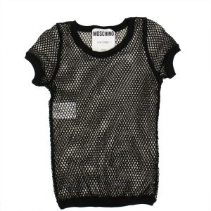 MOSCHINO Damen-Top aus schwarzem Baumwoll-Netzstoff mit kurzen Ärmeln