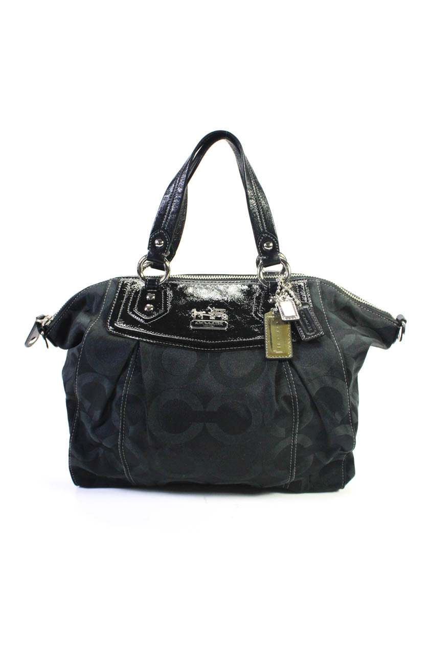 Coach Damen Schwarz Canvas bedruckte Reißverschluss Leder Besatz Top Griff Schulter Handtasche