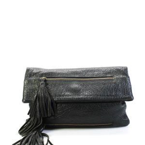 Romy Gold Damen-Clutch-Handtasche aus Leder mit Quaste und Klappe, Schwarz