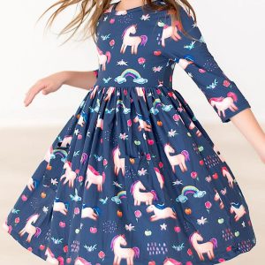 Painted Skies Twirl-Kleid mit 3/4-Ärmeln und Taschen