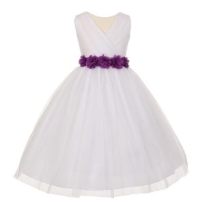 Junior-Brautjungfernkleid für große Mädchen, Weiß, Lila, Chiffon, Blumen, Tüll, Größe 8–14