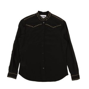 Schwarze Seidenbluse mit goldenem Nagelkopfbesatz
