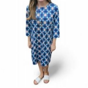 Kleid mit Blockdruck in Blau/Khaki