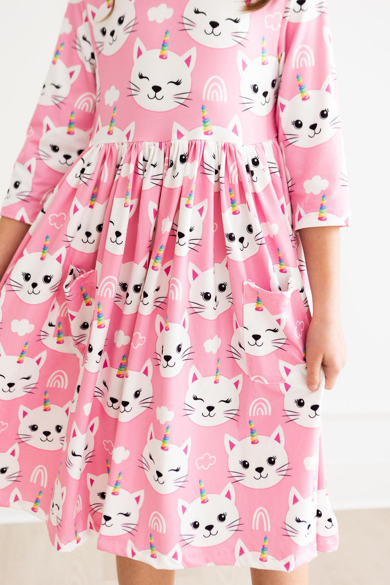 Einhorn Kätzchen 3/4 Ärmel Tasche Twirl Kleid