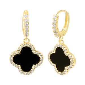 14k Gold überzogene Kristall Halo Schwarz Clover baumeln Huggie Ohrringe