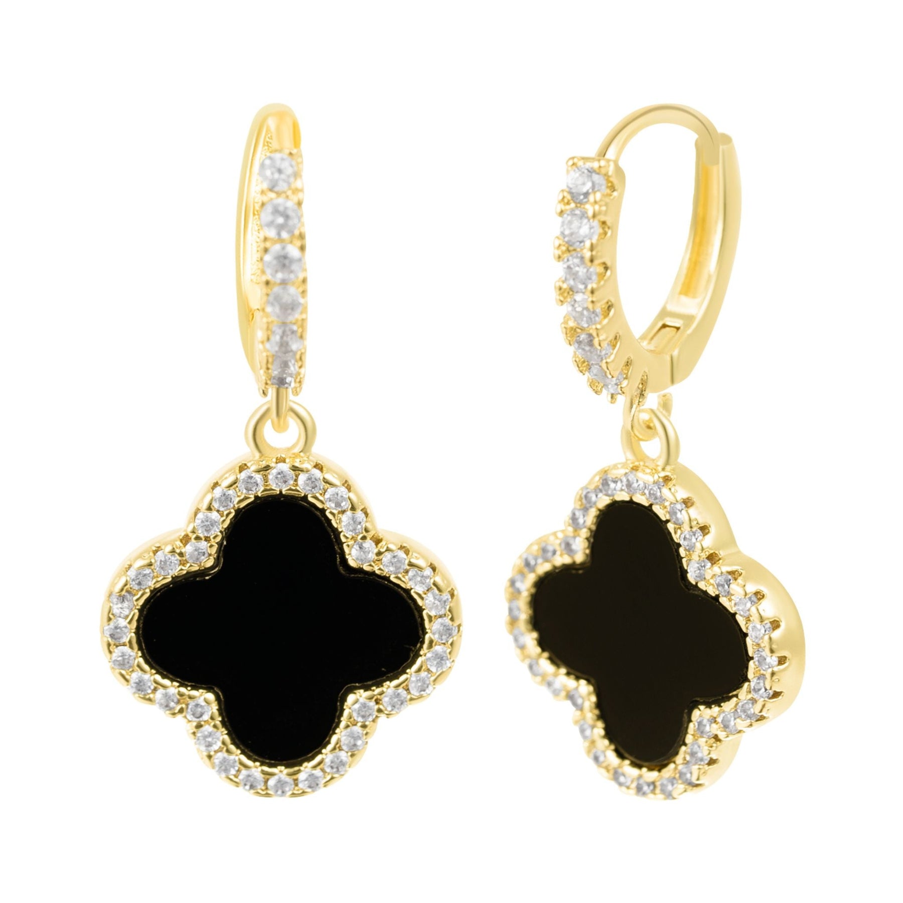14k Gold überzogene Kristall Halo Schwarz Clover baumeln Huggie Ohrringe