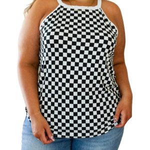 Kariertes Neckholder-Oberteil „Start The Races“ in Schwarz und Weiß 7732524253244