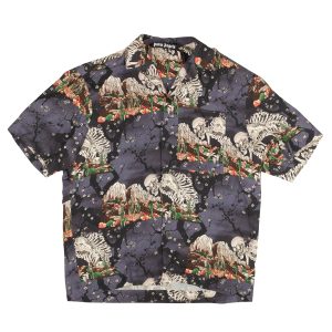 Lila und schwarzes Allover-Totenkopf-Bowling-Shirt