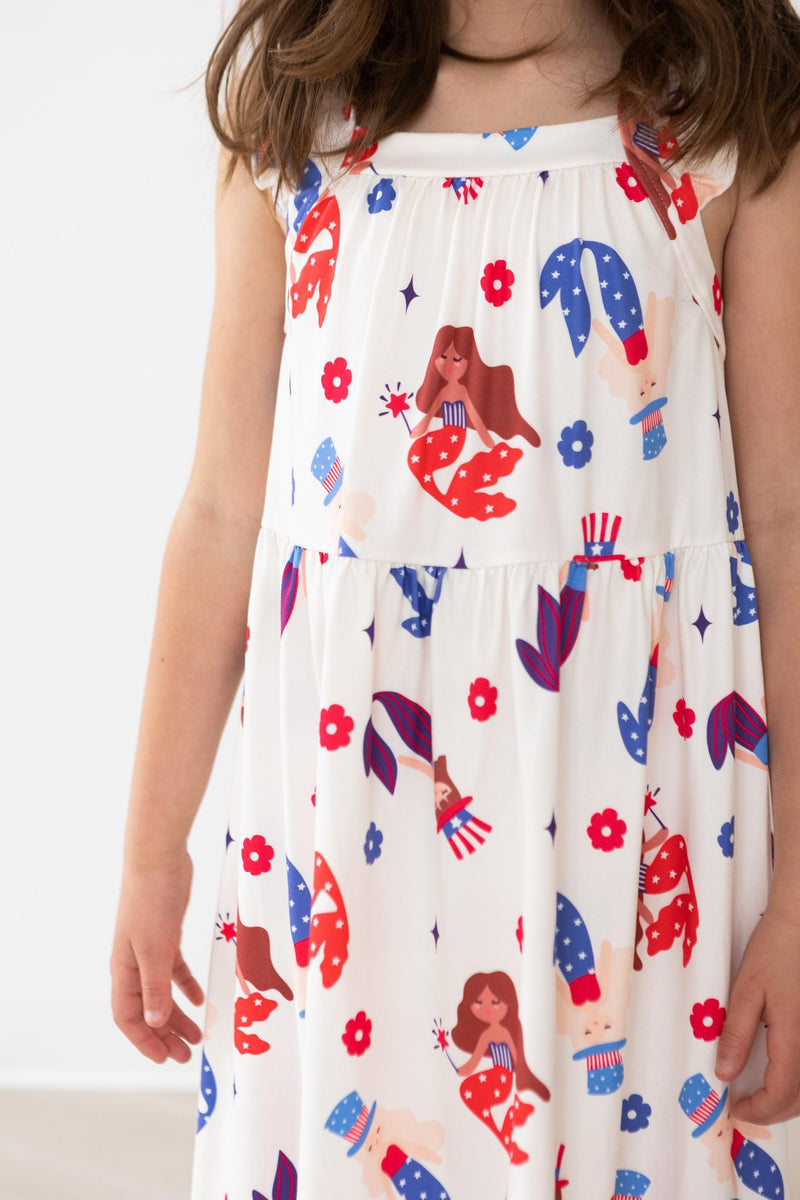 Mer-Made in den USA Rüschen Kreuz zurück Kleid
