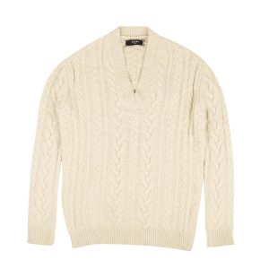 Cremefarbener Strickpullover mit V-Ausschnitt