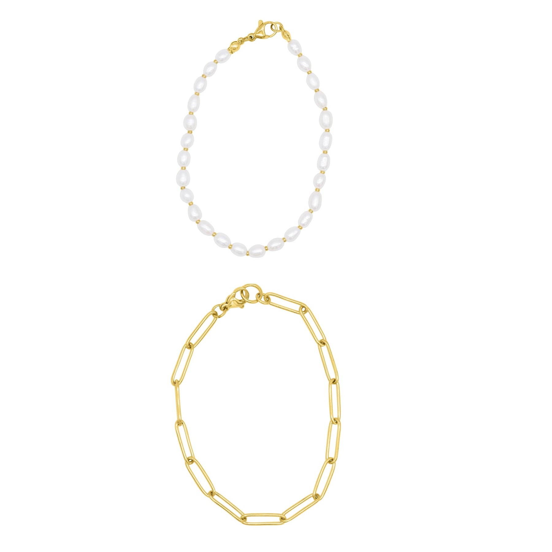 Tarnish Resistant 14k Gold überzogen Süßwasserperlen und Paperclip Kette Armband Set