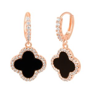 14k Roségold überzogen Kristall Halo Schwarz Clover baumeln Huggie Ohrringe