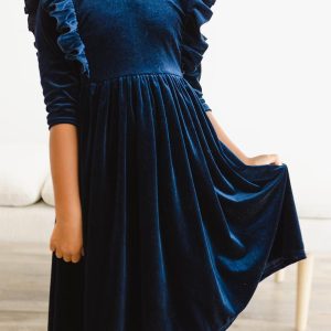 Marineblaues Samt-Rüschen-Twirl-Kleid