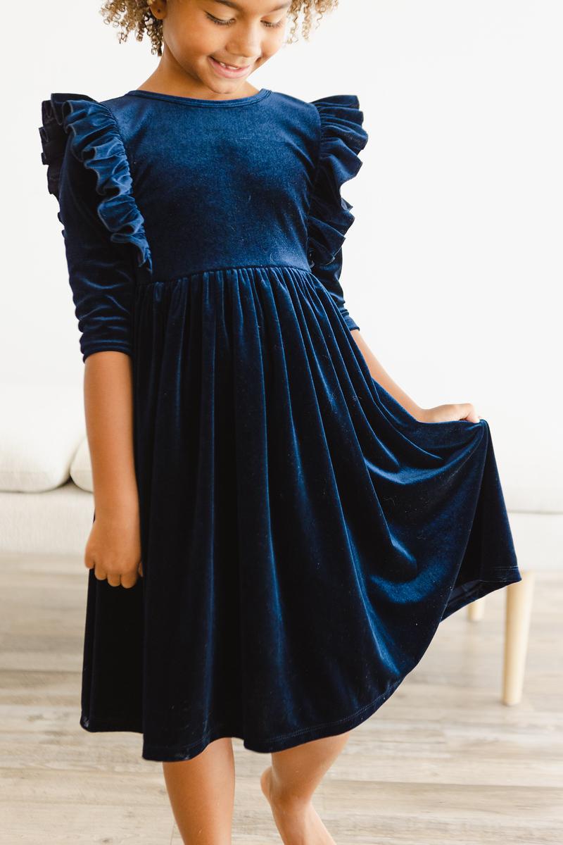 Marine Velvet Rüschen Twirl Kleid