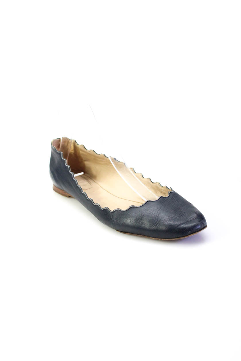 Chloe Schwarzes Leder Scalloped Ballerinas Schuhe