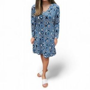 Kleid mit Kreis- und Wirbelmuster und V-Ausschnitt in Schwarz/Blau/Weiß