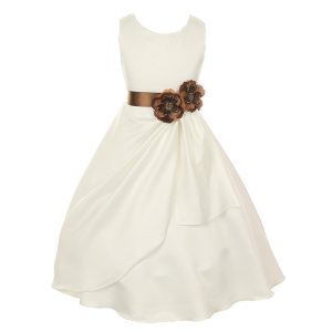 Elfenbein-Mokka-Brautkleid aus mattem Satin mit Pailletten und Blumen für kleine Mädchen, Größe 2–6