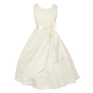 Elfenbeinfarbenes Braut-Partykleid aus mattem Satin mit Pailletten und Blumen für kleine Mädchen, Größe 2–6