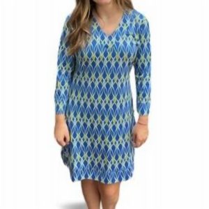 Kleid mit V-Ausschnitt und Wirbelmuster in Blau/Gelb