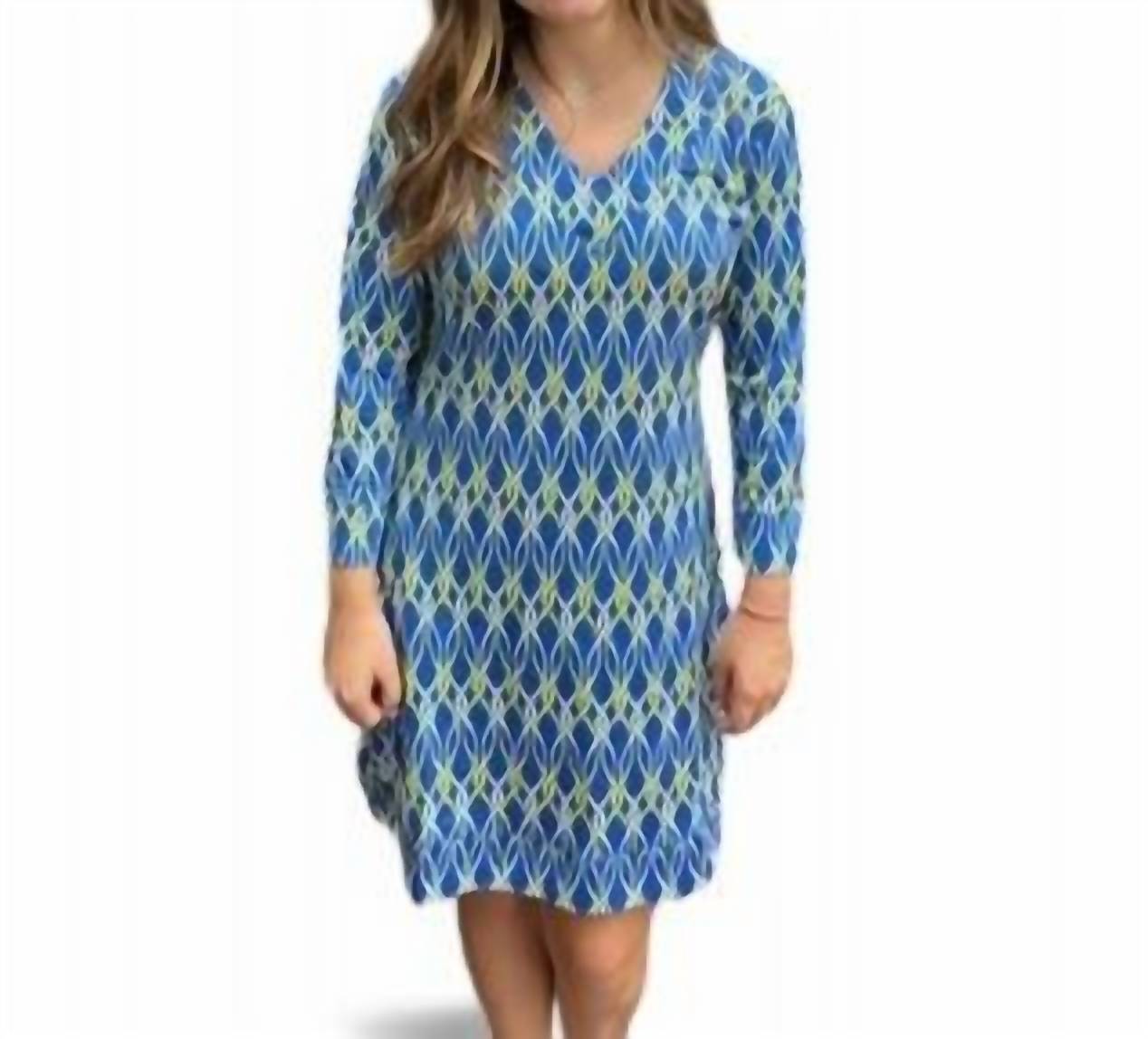 Kleid mit V-Ausschnitt in Blau/Gelb
