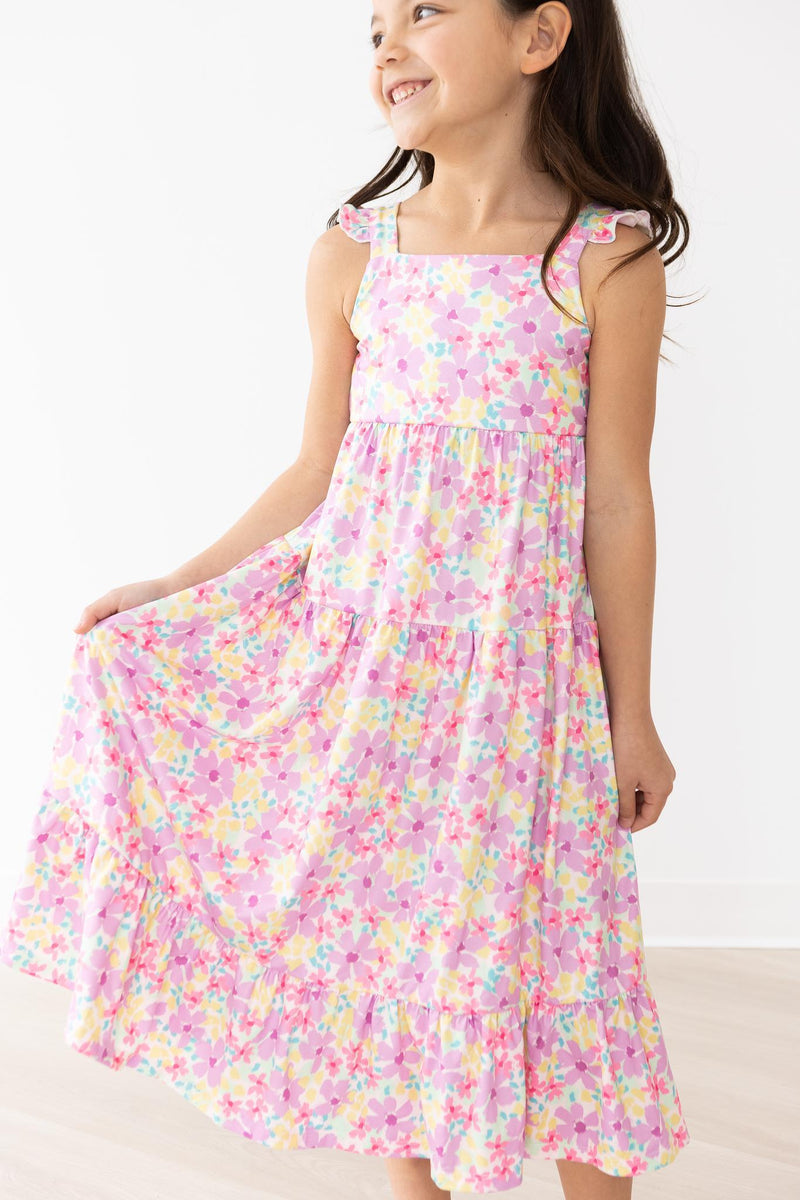 Sommer Aquarell mit Blumenmuster Rüschen Maxi Kleid