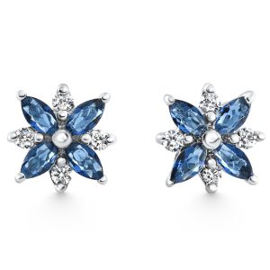 Ohrstecker mit 0,60 ct. Blütenblatt-Marquise-Diamant, blauer Saphir, Weißgold, im Labor gewachsen