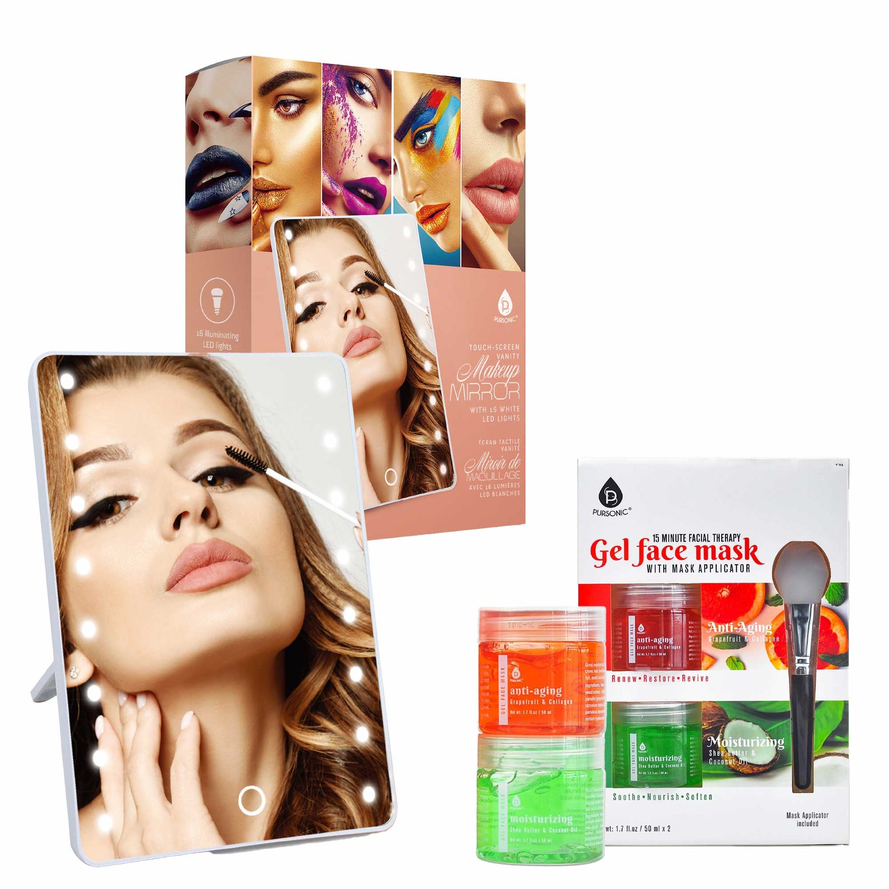 Pursonic Touchscreen LED Vanity Spiegel und luxuriöse Gel & Schlamm Gesichtsmaske Set