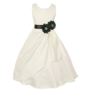 Elfenbeinfarbenes und schwarzes Brautkleid für große Mädchen aus mattem Satin mit Pailletten und Blumen für besondere Anlässe, Größe 8–14