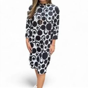 Kleid mit Stehkragen und Kreismuster in Schwarz/Weiß