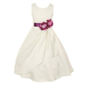 Elfenbeinfarbenes Pflaumenbraut-Brautkleid aus mattem Satin mit Pailletten und Blumen für kleine Mädchen, Größe 2–6