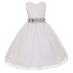 Junior-Brautjungfernkleid für große Mädchen, Weiß, Silber, Chiffon, Blumen, Tüll, Größe 8–14