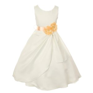 Elfenbeinfarbenes, pfirsichfarbenes Braut-Partykleid aus mattem Satin mit Pailletten und Blumen für kleine Mädchen, Größe 2–6