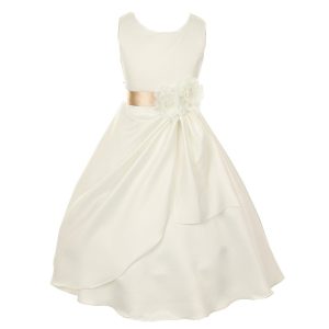 Elfenbeinfarbenes Champagner-Brautkleid für kleine Mädchen aus mattem Satin mit Pailletten und Blumen für besondere Anlässe, Größe 2–6
