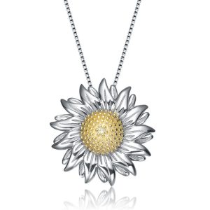 Halskette mit Sonnenblumen-Anhänger aus Sterlingsilber mit Weißgold vergoldet und Zirkonia 7733301837884