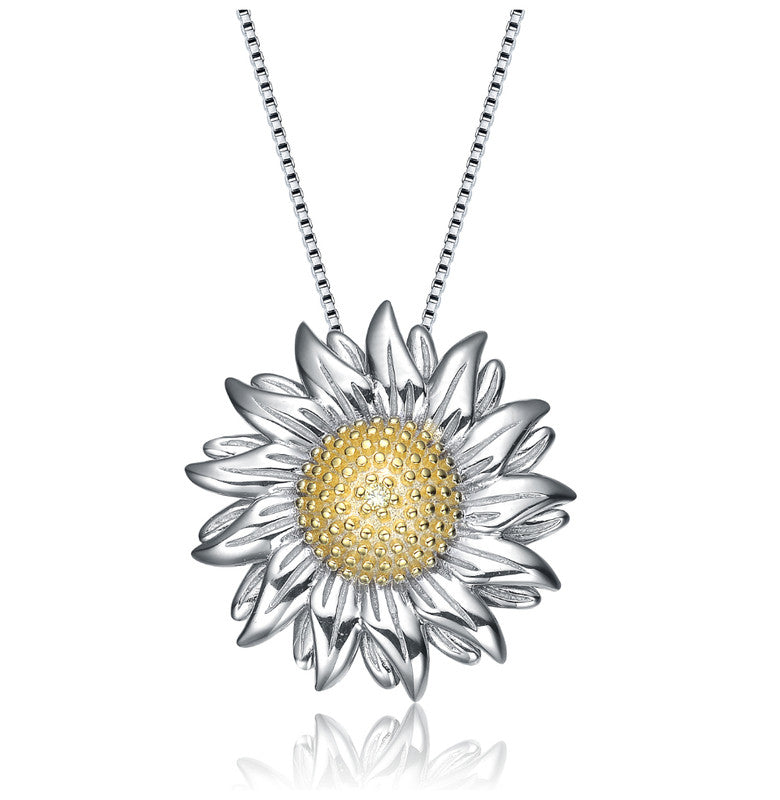 Sterling Silber Weißgold überzogen mit Zirkonia Sonnenblume Anhänger Halskette