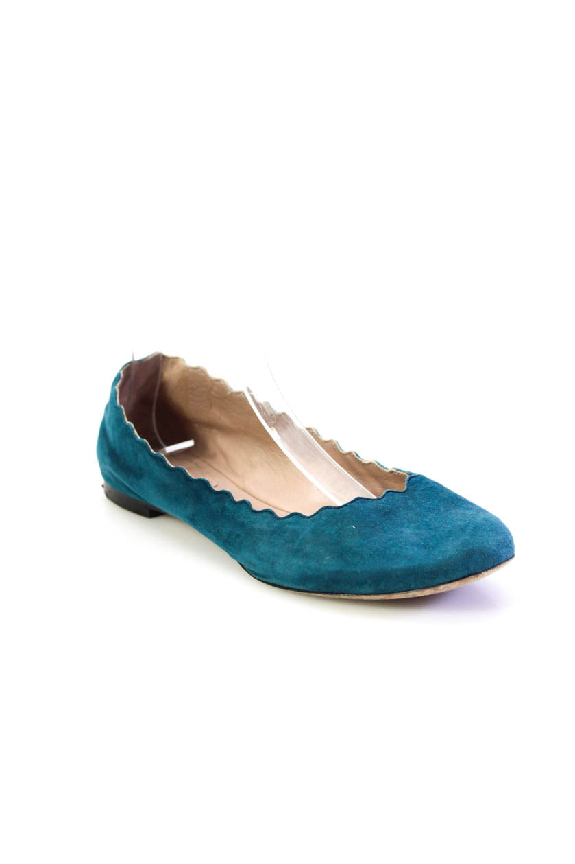 Chloe Damen dunkelgrün Wildleder Scalloped Ballerinas Schuhe