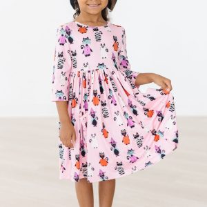 Purr-fectly Gruseliges Twirl-Kleid mit 3/4-Ärmeln und Taschen