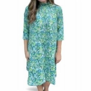 Kleid mit Moc-Ausschnitt und Wirbelmuster in Blau/Grün