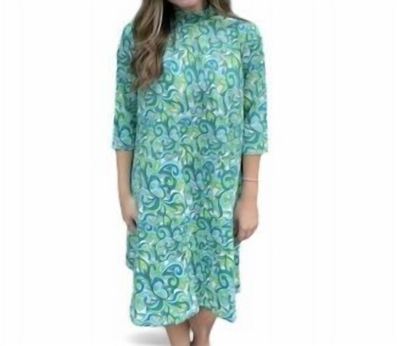 Swirl Muster Moc Neck Kleid in Blau/Grün