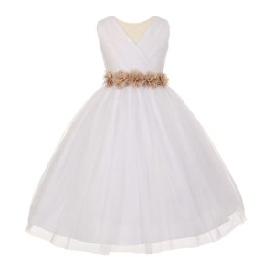 Junior-Brautjungfernkleid für große Mädchen, Weiß, Champagner, Chiffon, Blumen, Tüll, Größe 8–14