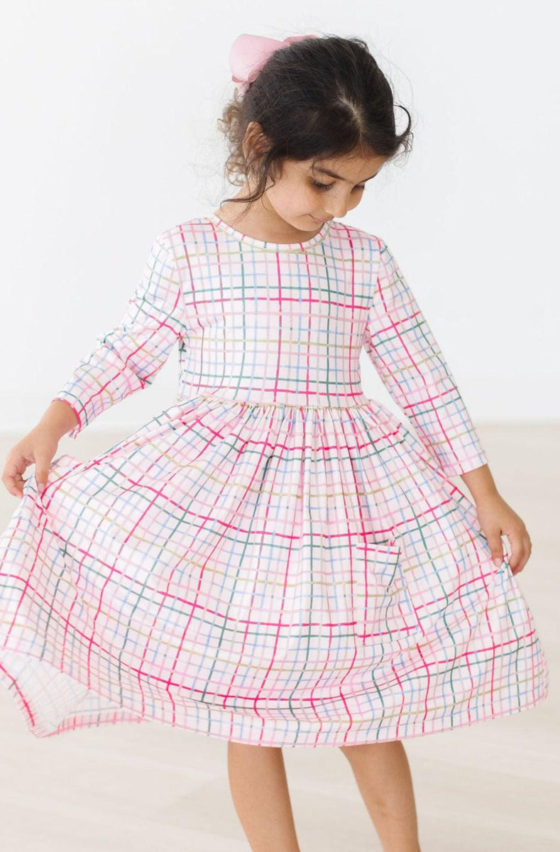 Rosa kariertes 3/4 Ärmel Tasche Twirl Kleid