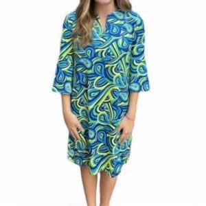 Kleid mit Wirbelmuster in Blau, Grün und Gelb