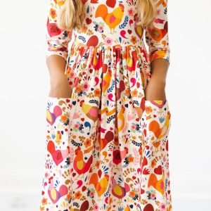 Little Red Hen Twirl-Kleid mit 3/4-Ärmeln und Taschen