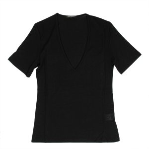 Kurzarm-Strick-T-Shirt mit tiefem V-Ausschnitt für Damen – Schwarz