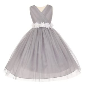 Junior-Brautjungfernkleid für große Mädchen, silberweiß, Chiffon, Blumen, Tüll, Größe 8–14