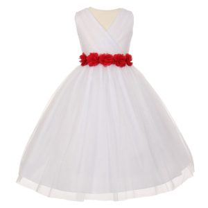 Blumenmädchenkleid für kleine Mädchen, Weiß, Rot, Chiffon, Blumenschärpe, Tüll, Größe 2–6